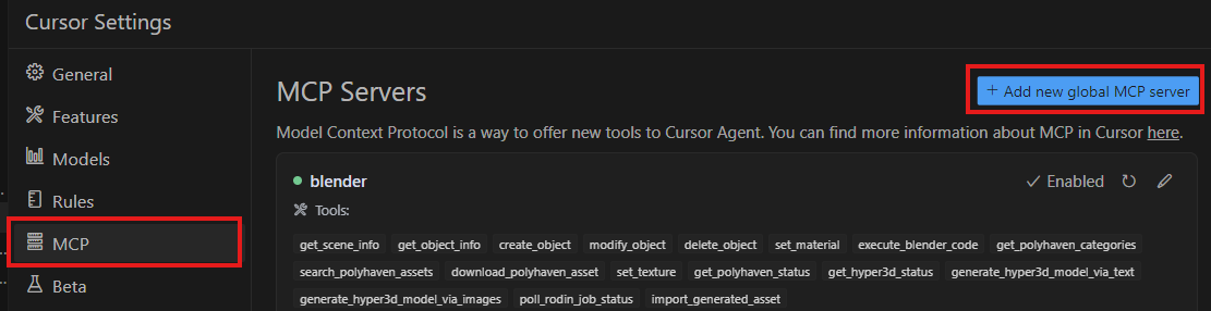 Cursor MCPの設定画面